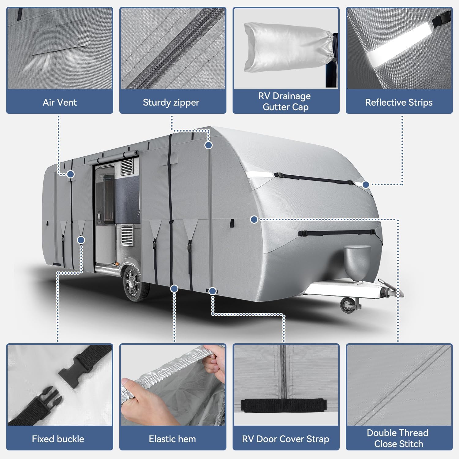RV Cover - 300D Oxford Travel Trailer Cover, Waterproof, Tear-Resistant, UV & Windproof, Includes Jack and Tire Covers