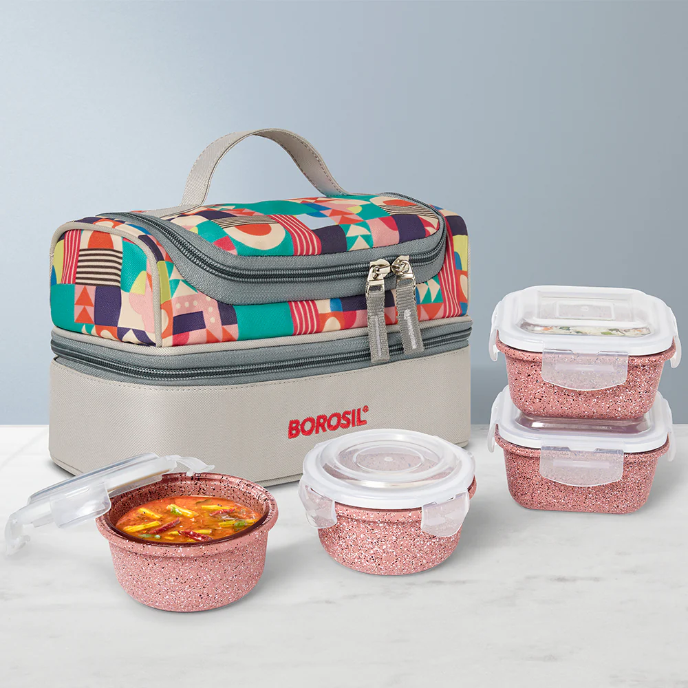 Borosil Kube Pink Universal Glass Lunchbox, 320ml x 2 + 240ml x 2