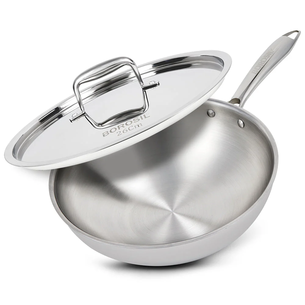 Borosil Cookfresh SS Tri-ply Wok with Lid, 3.5L/26cm