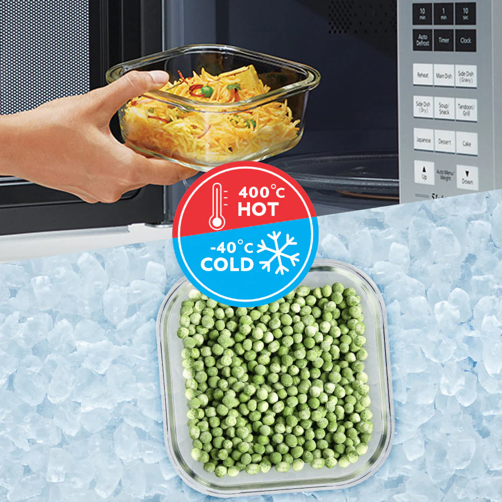 Alfa Green Glass Lunch Box, Square x 2 (Tall), Set of 2, 320ml