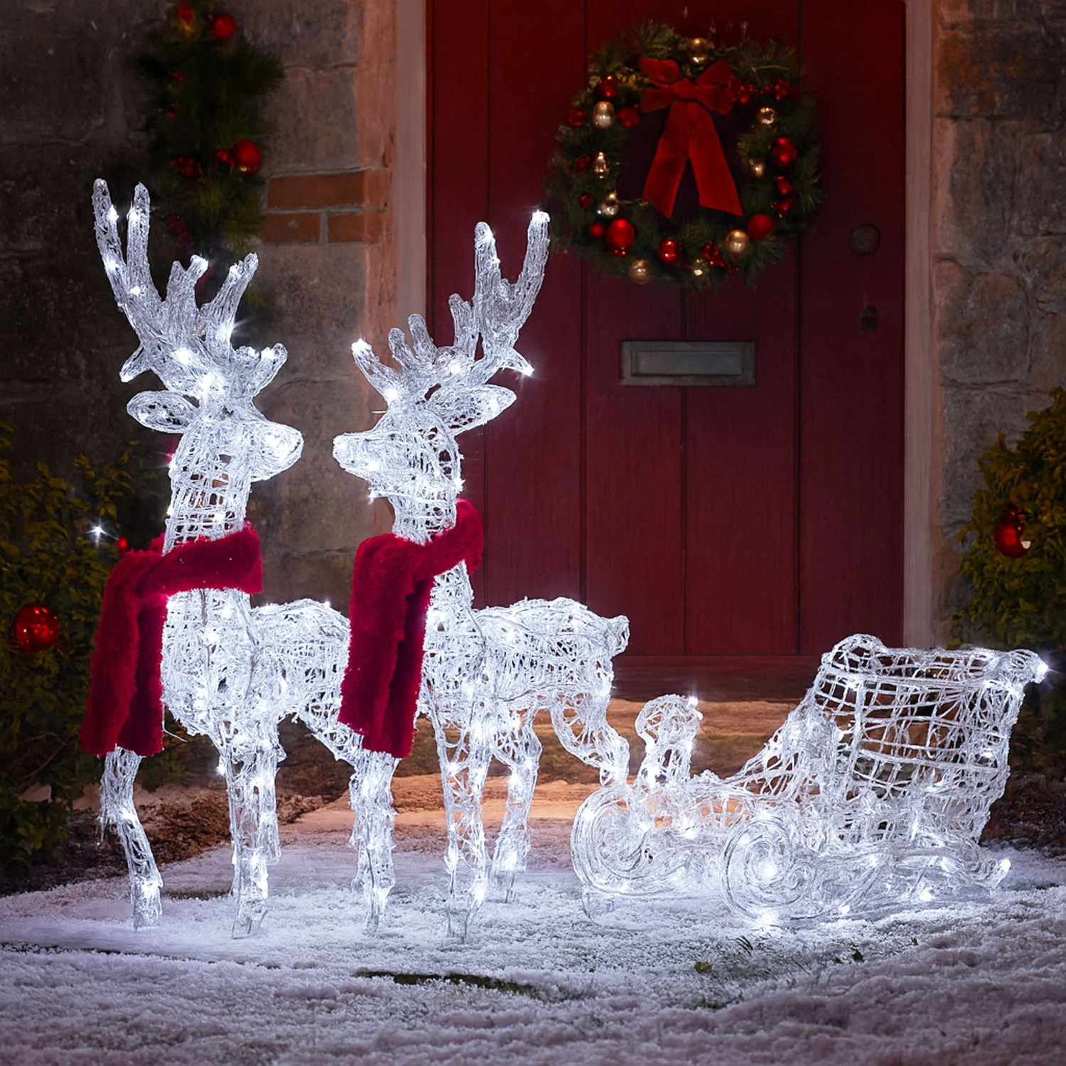 Neo 120 Indoor Outdoor LED Light Up Reindeer and Sleigh Christmas Decoration Festive Display with Dual Light Effects Timer Red Scarves Weatherproof Frame 5m Lead Wire