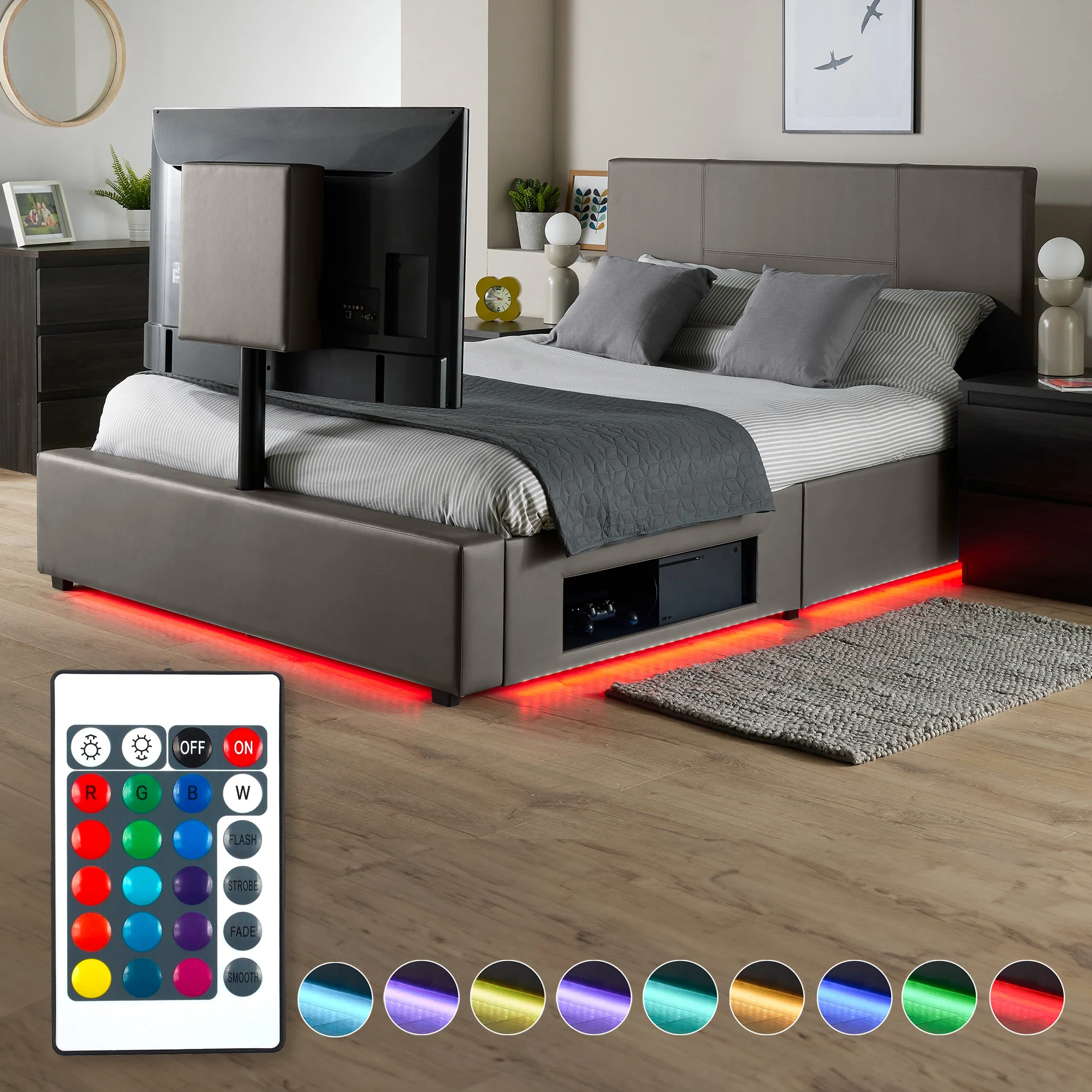 Ava Upholstered TV Bed with LED Lights - Grey (4 Sizes)