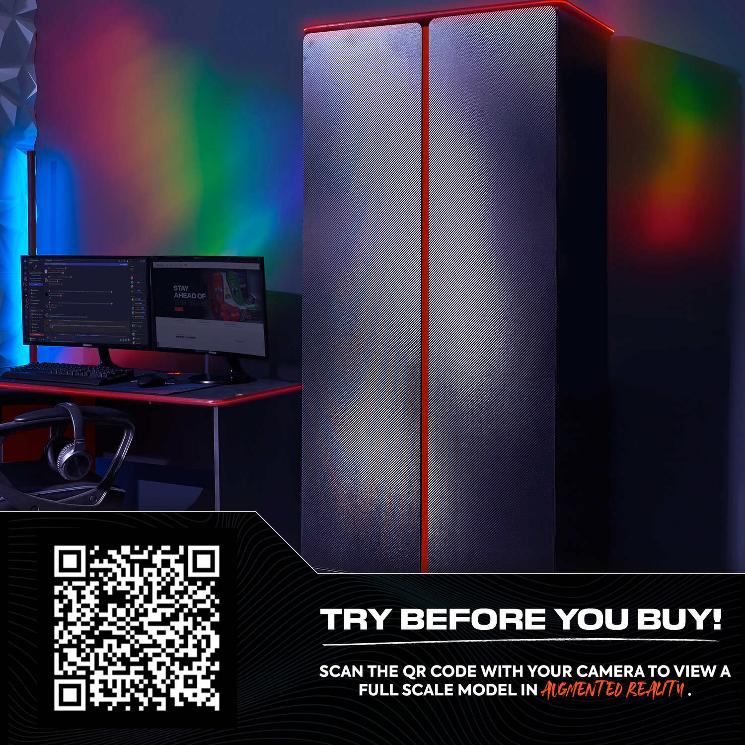 Carbon-Tek LED 2-Door Wardrobe with Drawer - Grey / Red RGB