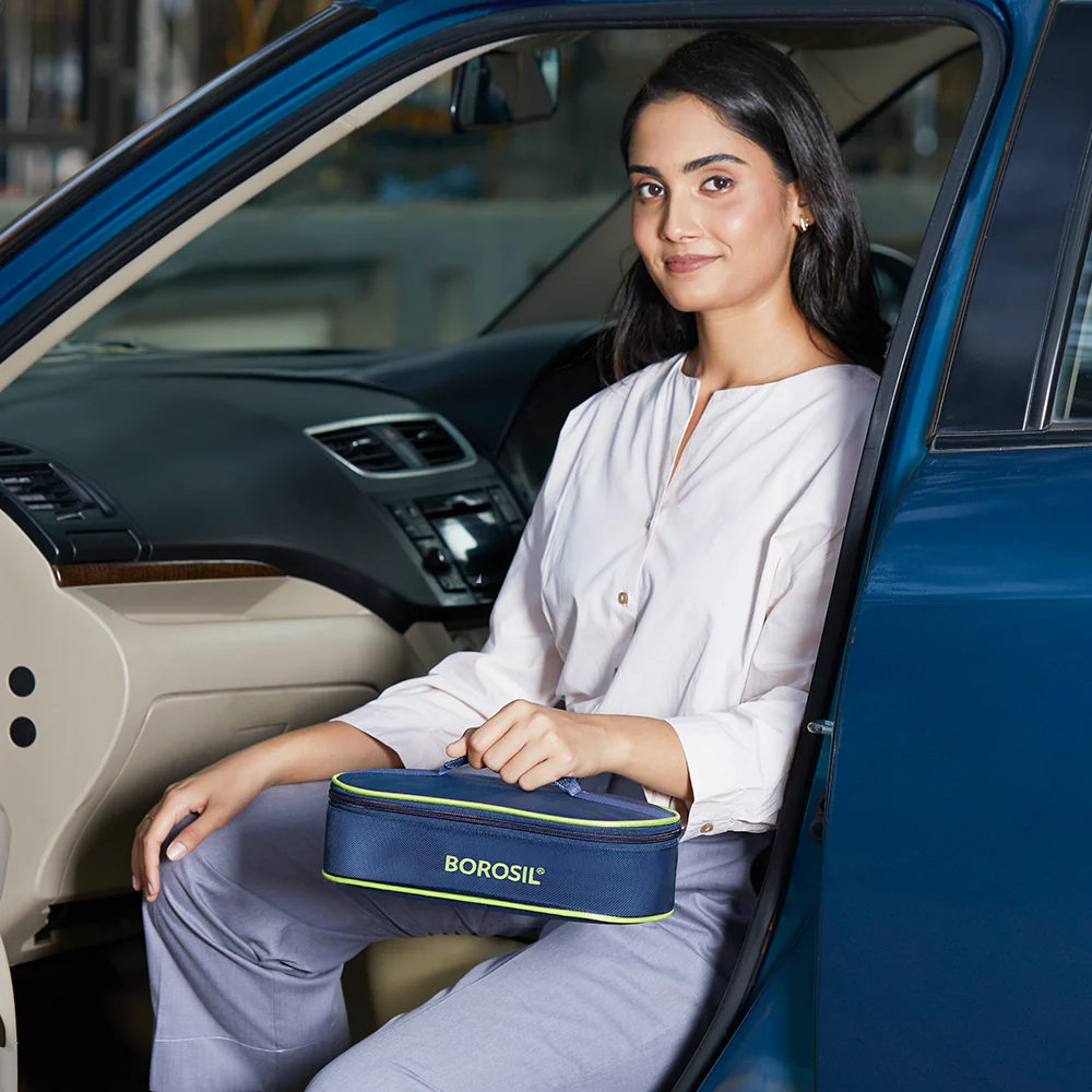 Borosil Blue Glass Lunchbox, Round x 2 (Flat), 400ml x 2