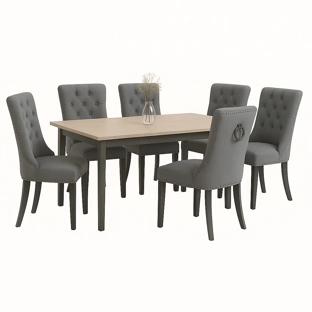 Neo Set of Six Dark Grey Studded Velvet Dining Table Chair with Ring Knocker Detail