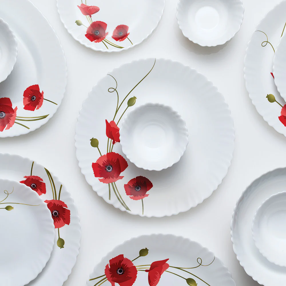 Larah by Borosil Red Carnation Dinner Set, 12 pc