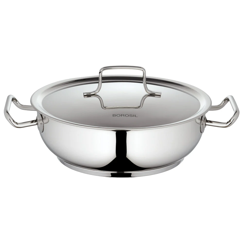 Borosil Cookfresh SS Flat Kadhai + Lid, 2.8L