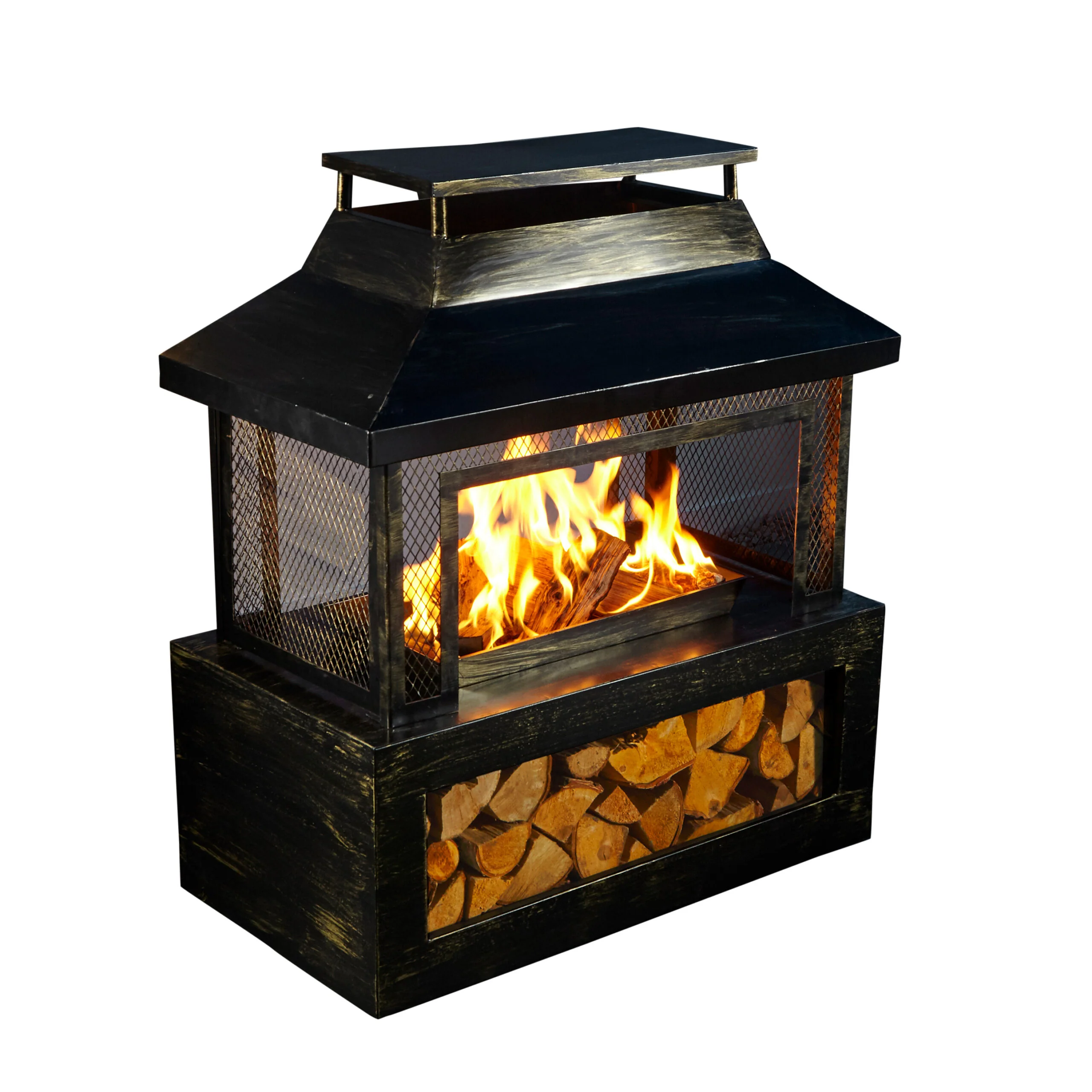 Neo Black Outdoor Fire Pit Log Burner With Mesh Surround and Storage