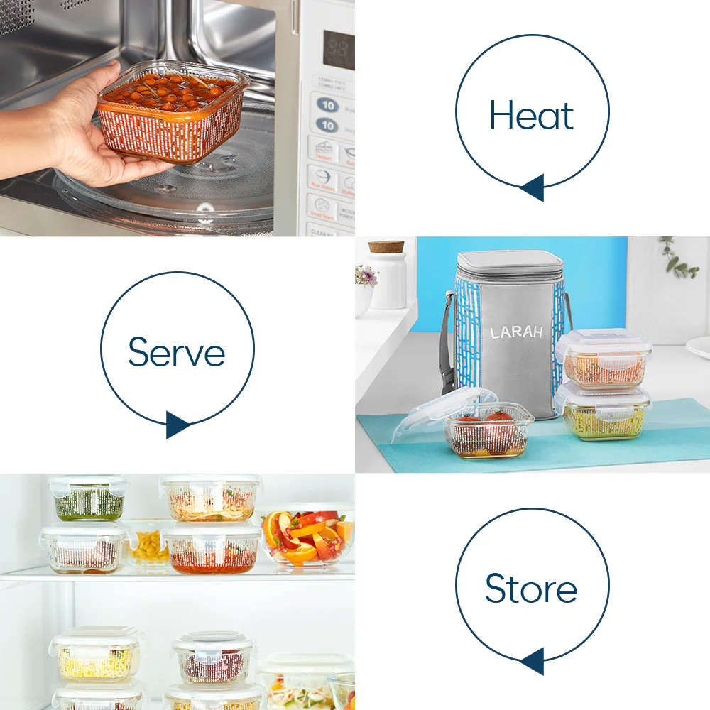 Larah Vogue Glass Lunchbox, Square x 3, 320ml x 3