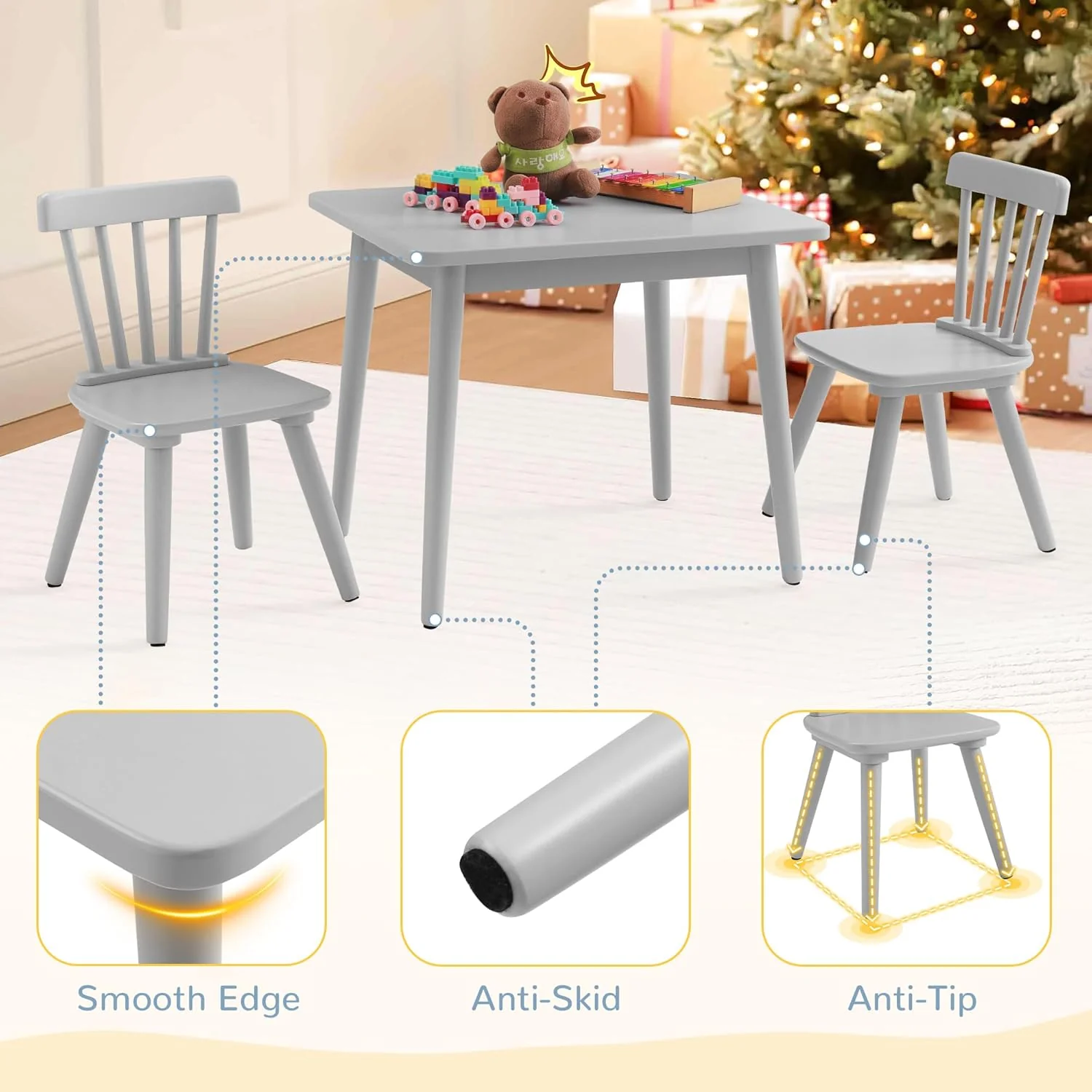 Kids Table and Chair Set - Rubberwood with Non-Slip Legs and Round Edges