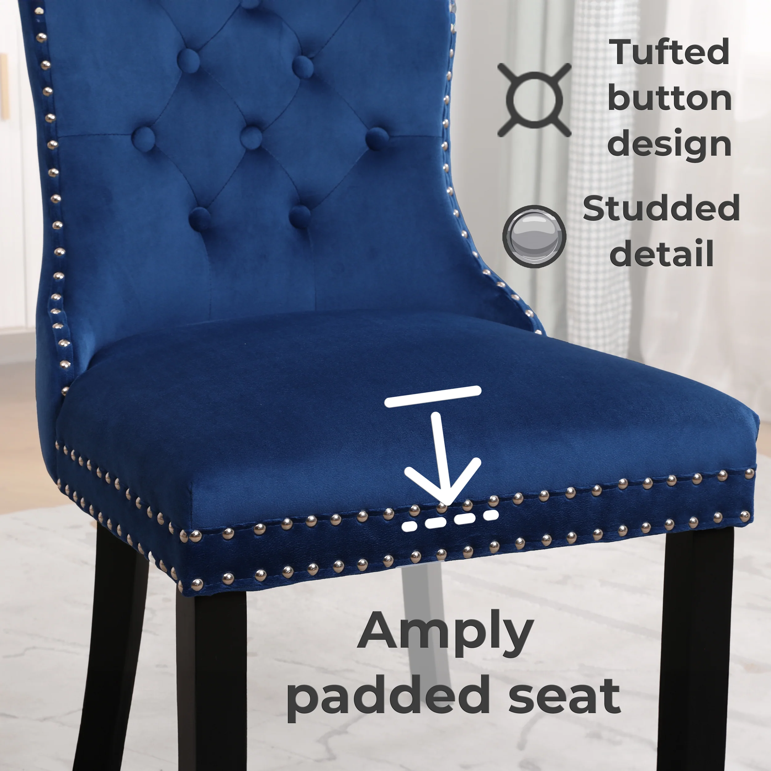 Neo Set Of Four Midnight Blue Studded Velvet Dining Chairs with Ring Knocker Detail