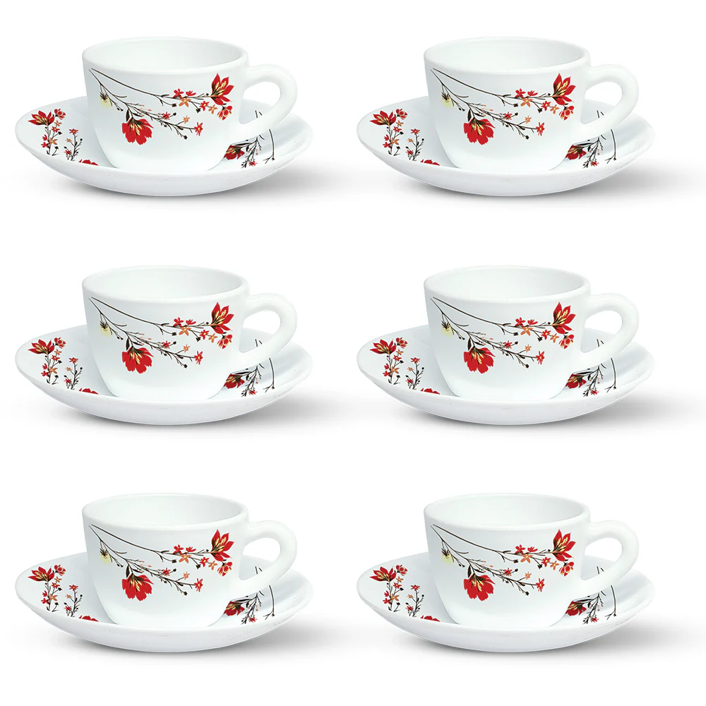 Larah by Borosil Chrys Red Cup n Saucer Set, 140ml x 12