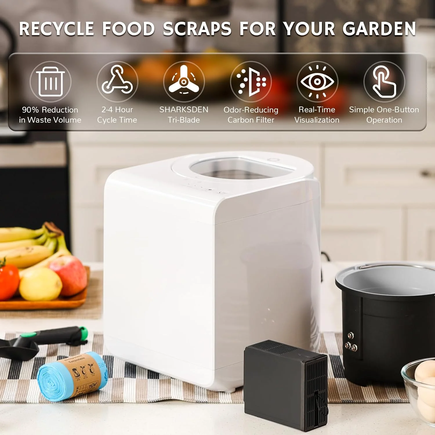 Electric Kitchen Composter, 2.5L Capacity, Turn Food Waste and Scraps into Dry Compost