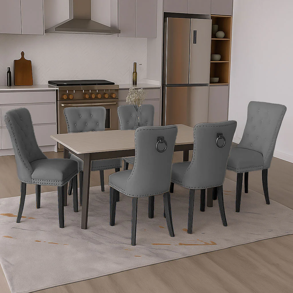 Neo Set of Six Dark Grey Studded Velvet Dining Table Chair with Ring Knocker Detail