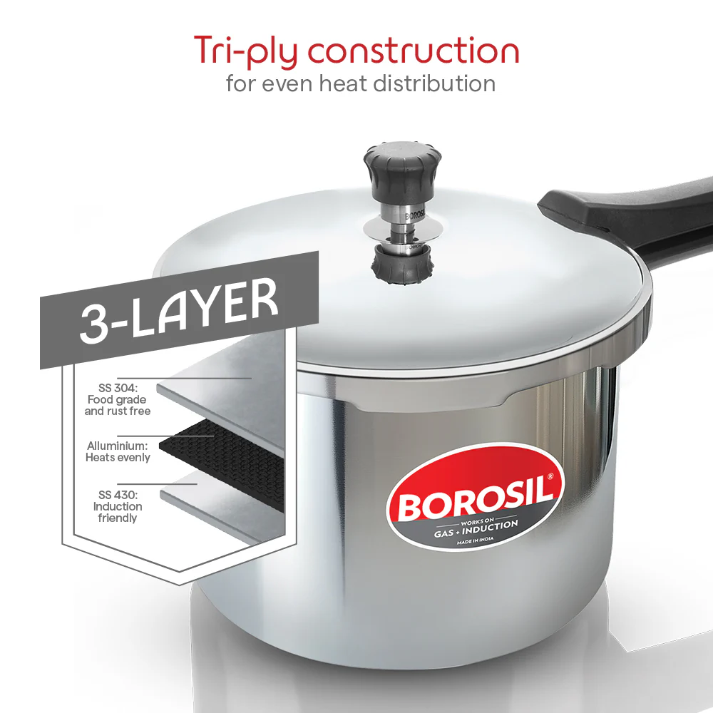 Borosil Presto Tri-Ply Outer Lid Pressure Cooker, 6.5L