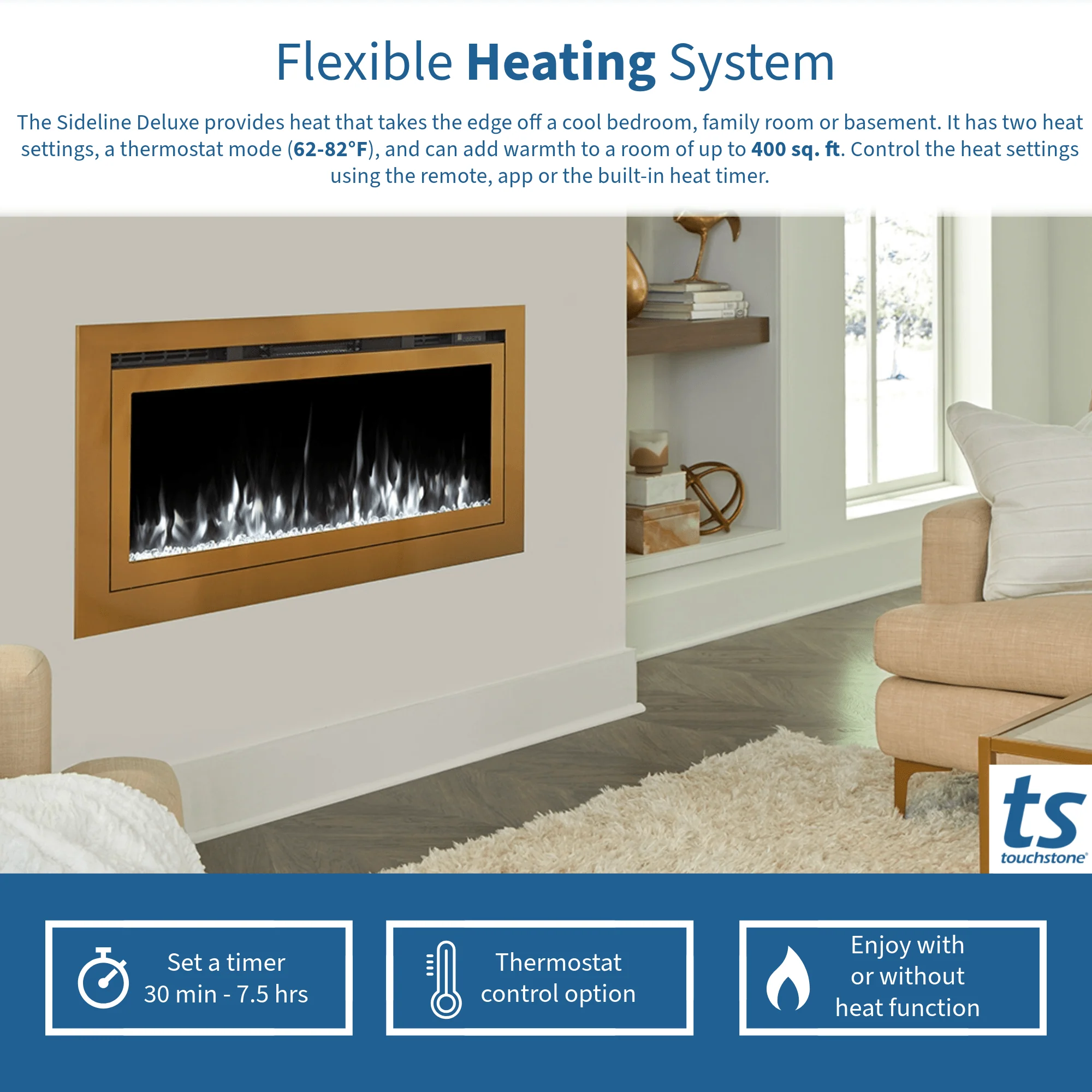 The Sideline Deluxe Gold 60 Inch Recessed Smart Electric Fireplace 86276