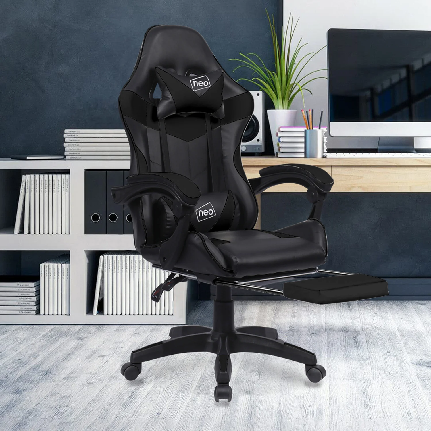 Neo Gaming Chair Black PU Leather with Footrest