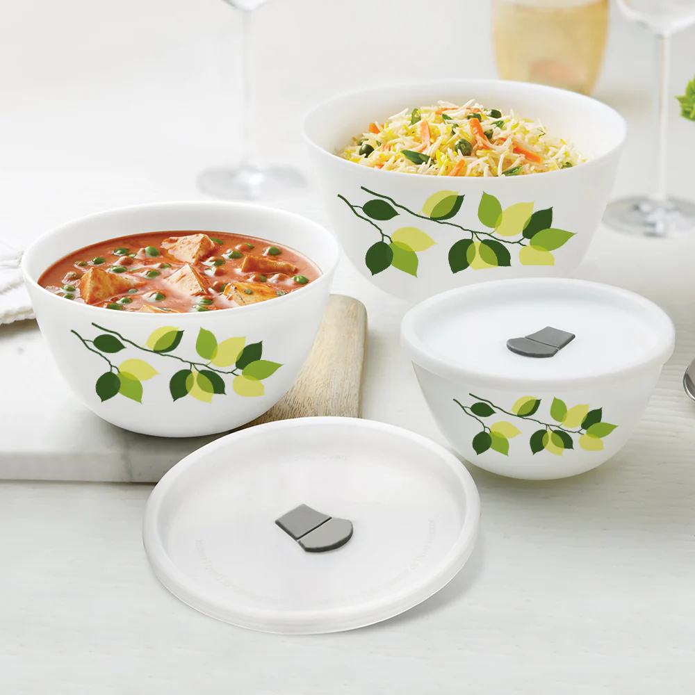 Larah by Borosil Green Leaves 4 pc Mixing Bowl, 500 ml + 1 L + 1.5 L