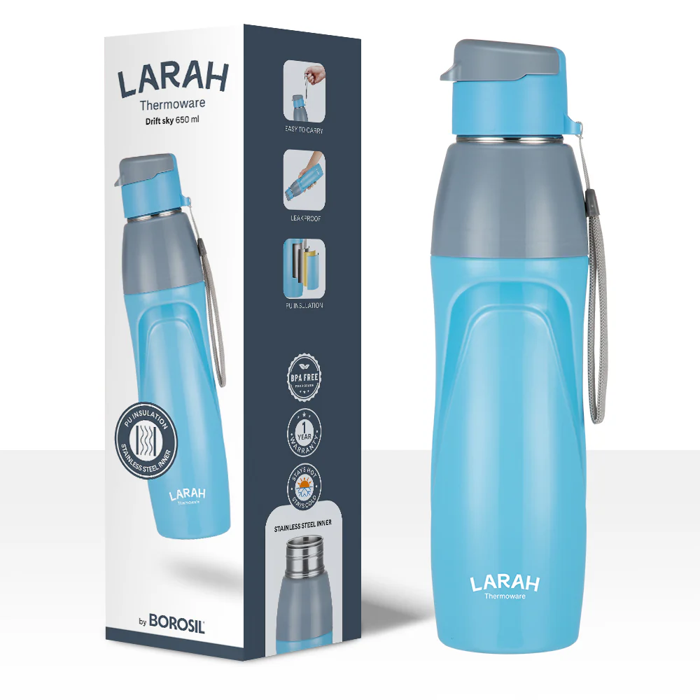 Larah Drift Round PU Thermoware Bottle, 650 ml, Sky