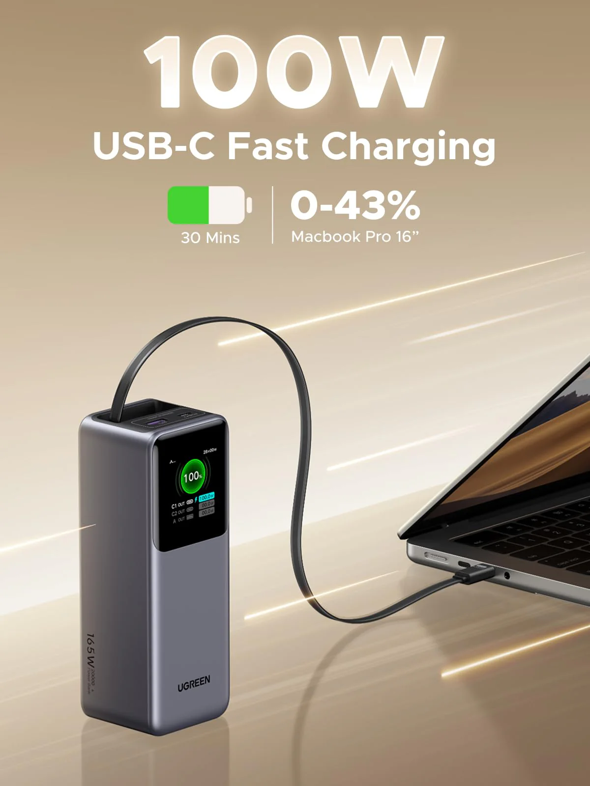 (Bundle) UGREEN Nexode 20000mAh 165W Power Bank + 2-Pack 100W USB-C Cables