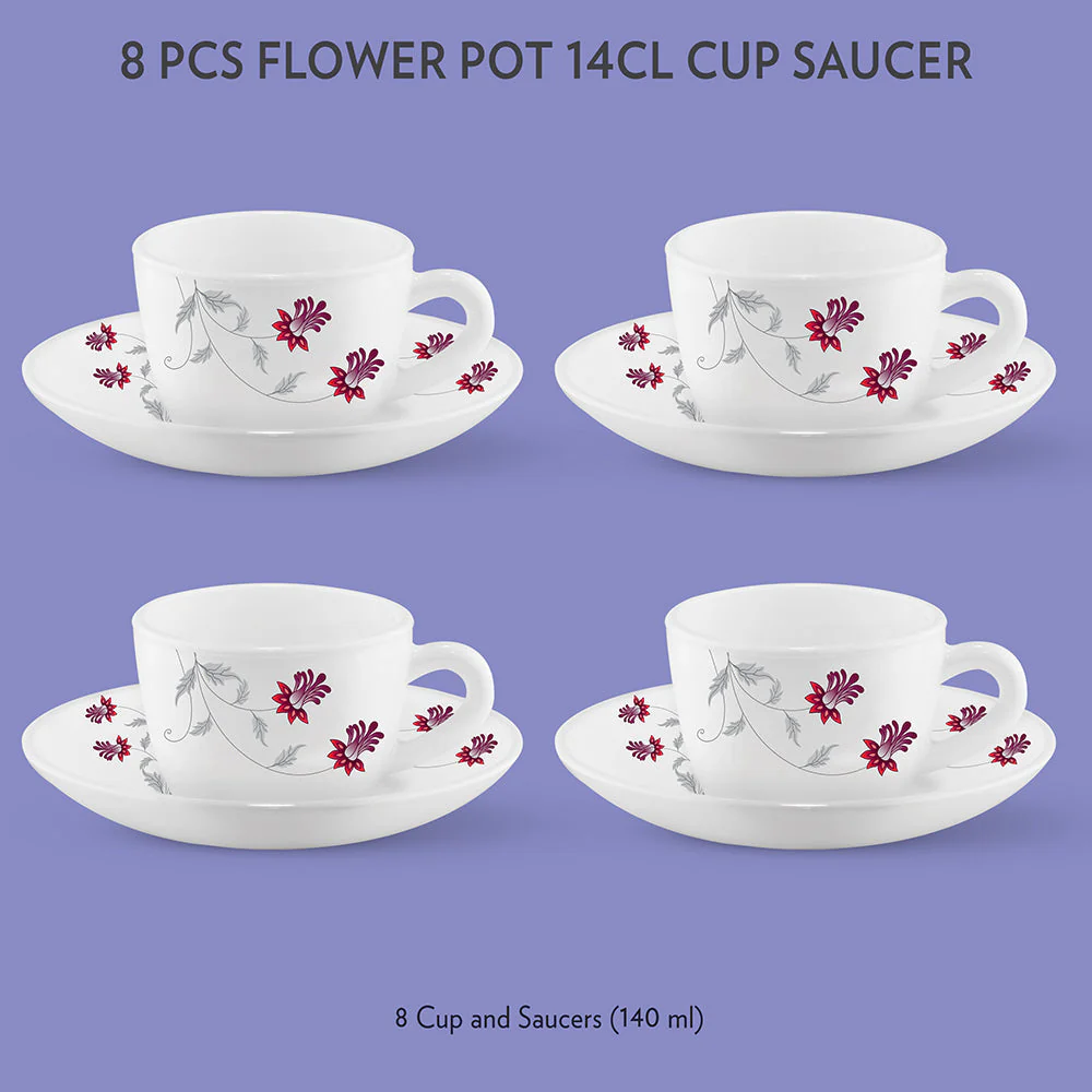 Larah by Borosil Flower Pot Cup n Saucer Set, 140ml x 12