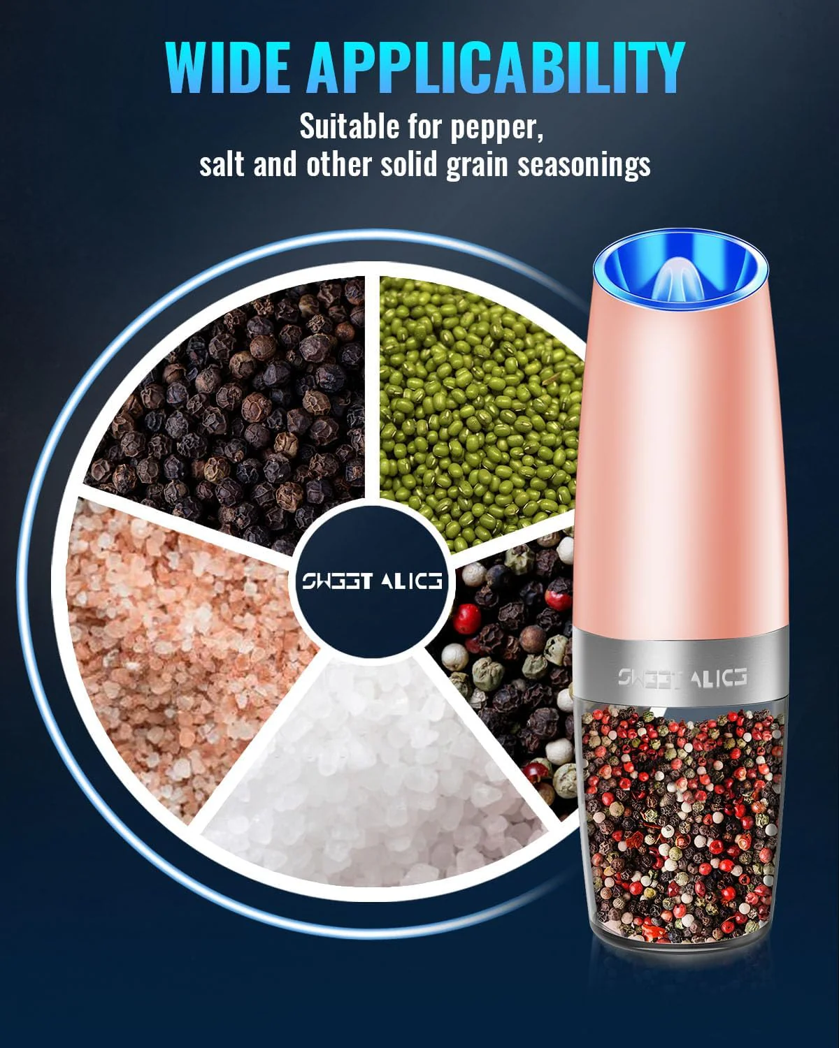 Electric Salt & Pepper Grinder Set, Adjustable Coarseness, LED, One-Hand Use, Stainless Steel 2-Pack