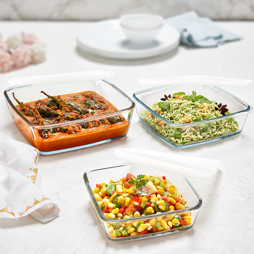 Borosil Square Dish w Lid, Set of 3