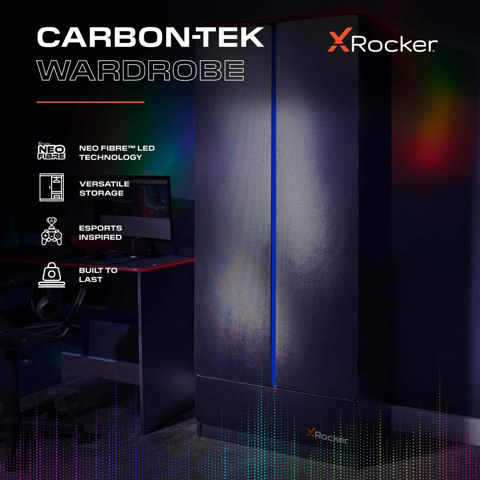 Carbon-Tek LED 2-Door Wardrobe with Drawer - Grey / Blue RGB