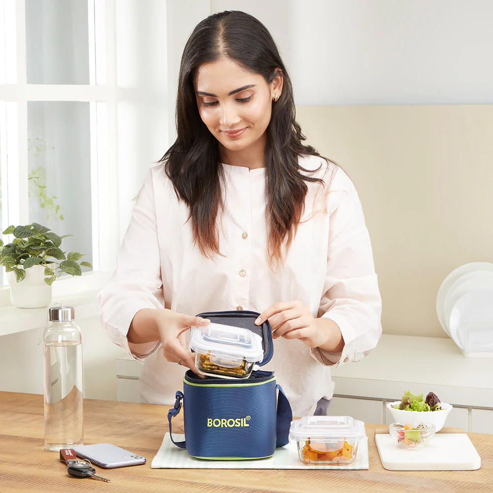 Borosil Blue Glass Lunchbox, Square x 2 (Tall), 320ml x 2