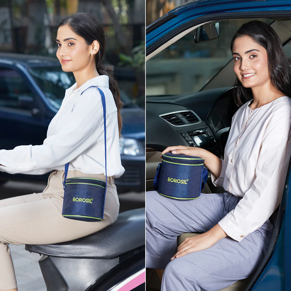 Borosil Blue Glass Lunchbox, Round x 2 (Tall), 400ml x 2