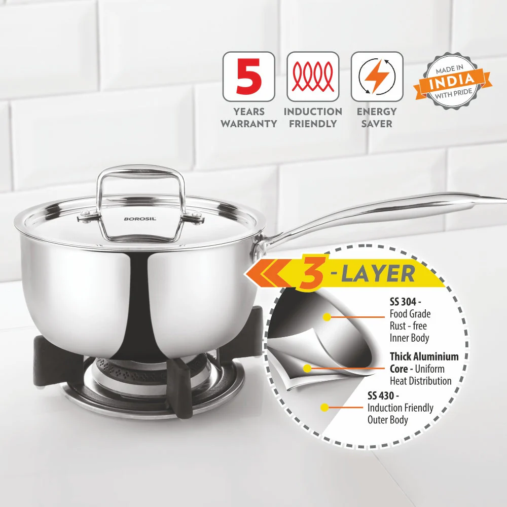 Borosil Cookfresh Triply Saucepan (Steel Handle), 1.6L