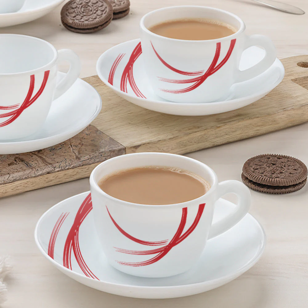 Larah by Borosil Red Stella Cup n Saucer Set, 140ml x 12