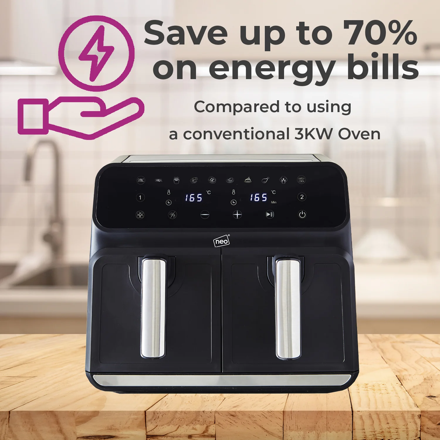 Neo Electric Digital Air Fryer 8.5L with Dual Drawer Black & Silver