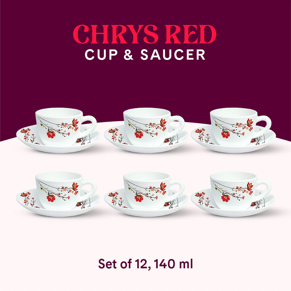 Larah by Borosil Chrys Red Cup n Saucer Set, 140ml x 12