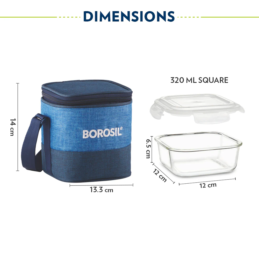 Borosil Prime Glass Lunchbox, Square x 2 (Tall), 320ml x 2