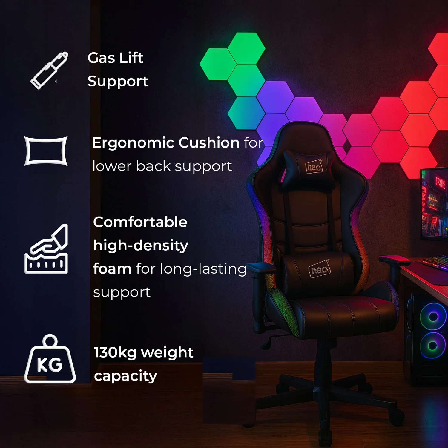 Neo Gaming Chair Black Leather with LED Lights