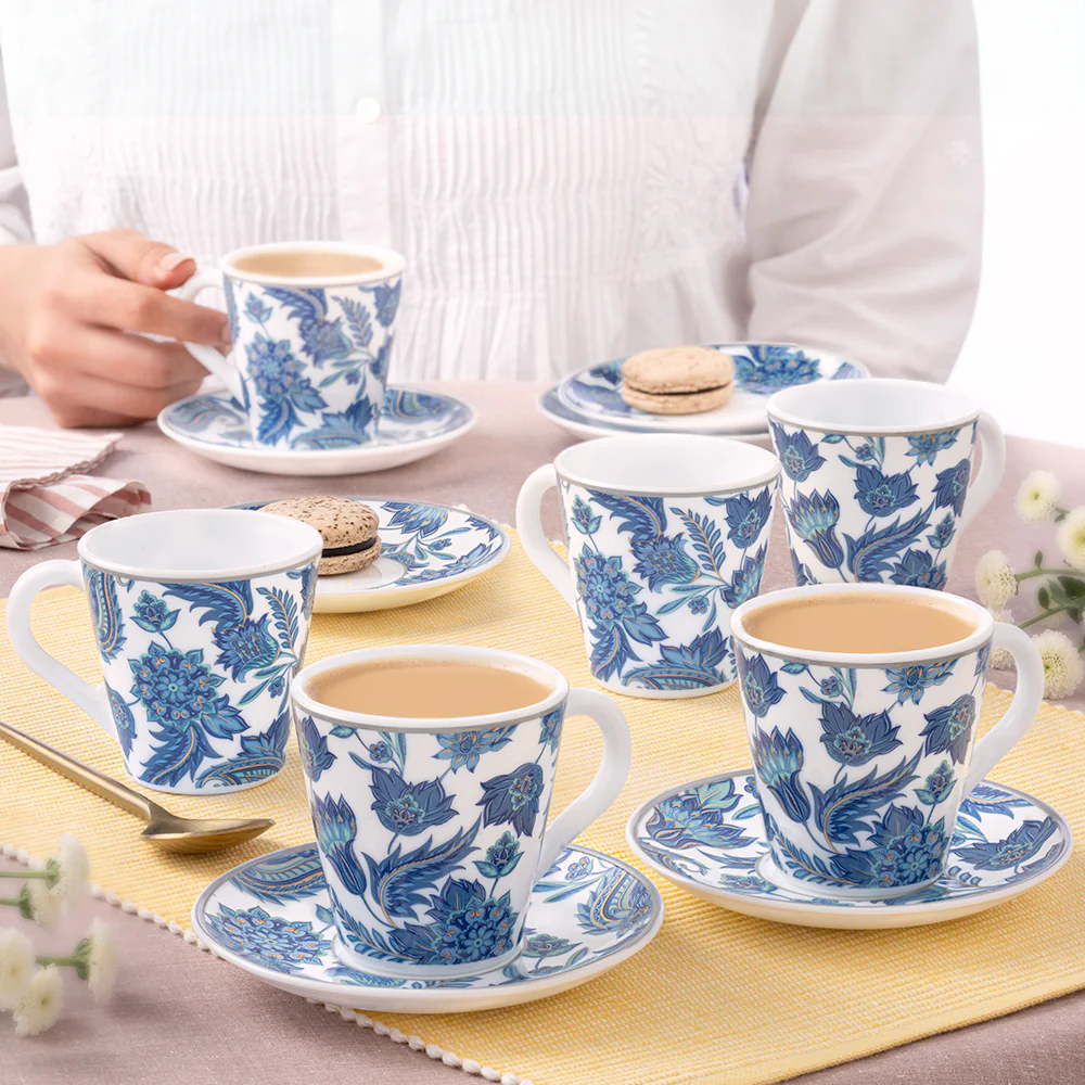 Larah By Borosil New Iris Mug n Saucer Set, 160ml x 12
