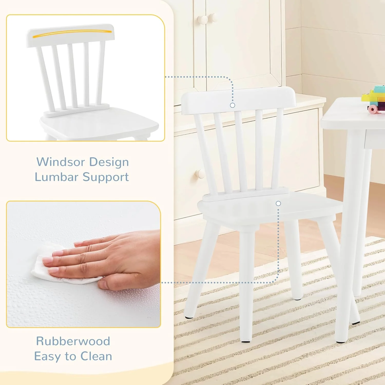 Kids Table and Chair Set - Rubberwood with Non-Slip Legs and Round Edges