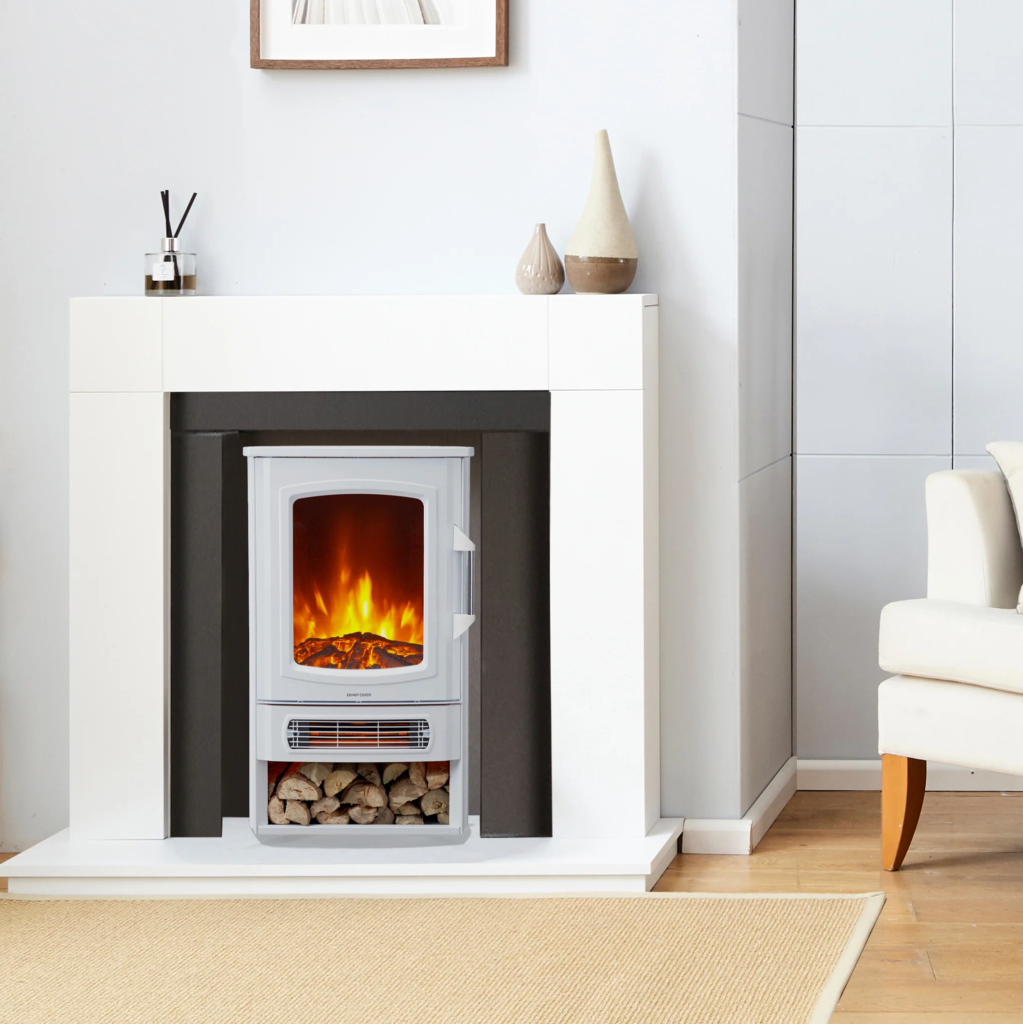 Neo Electric Heater White with Realistic Flame & Log Store 1000W / 2000W