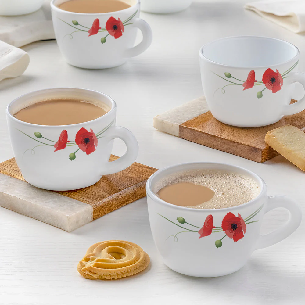 Larah by Borosil Red Carnation Cup Set, 140ml x 6