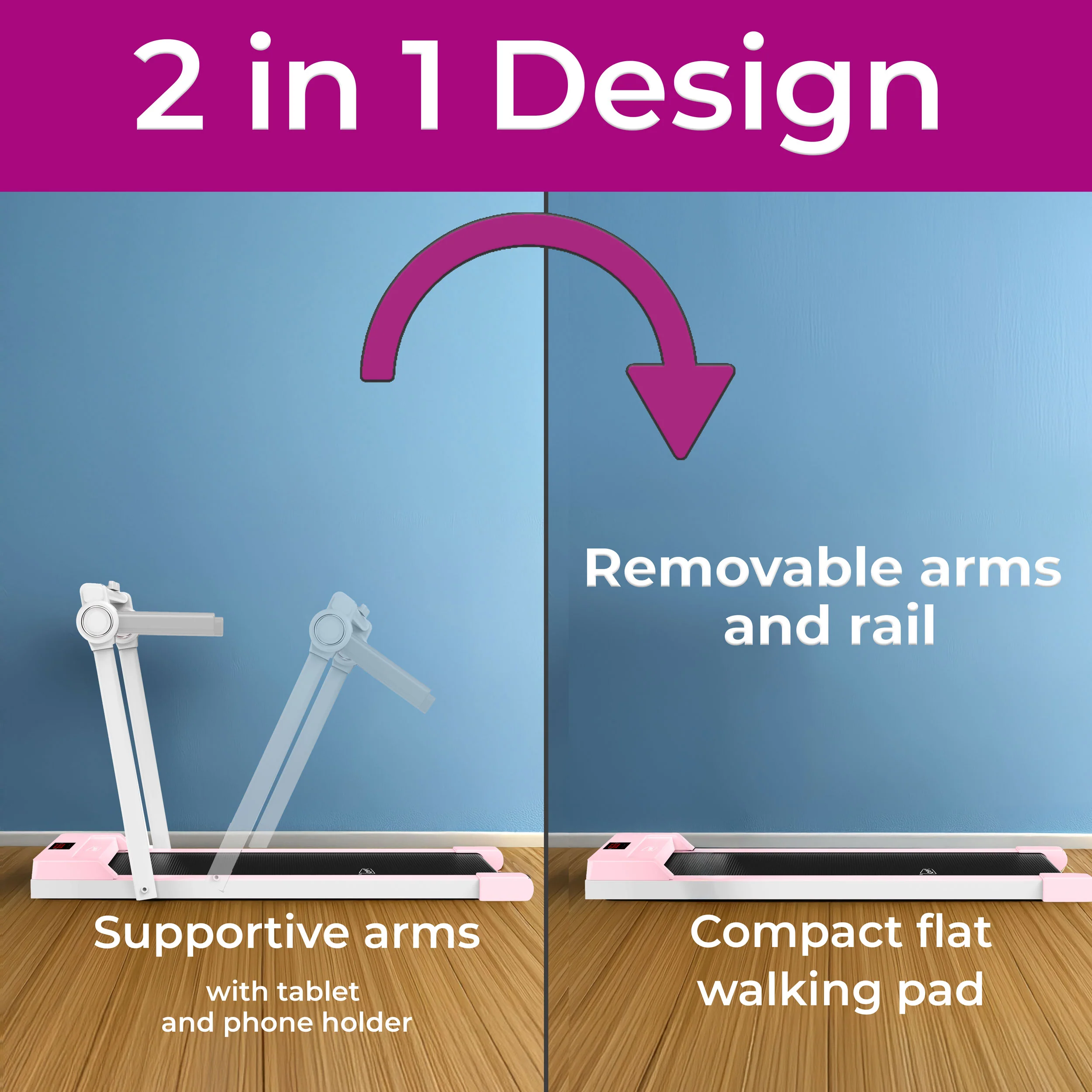 Neo Pink Walking Pad Treadmill with Handrail