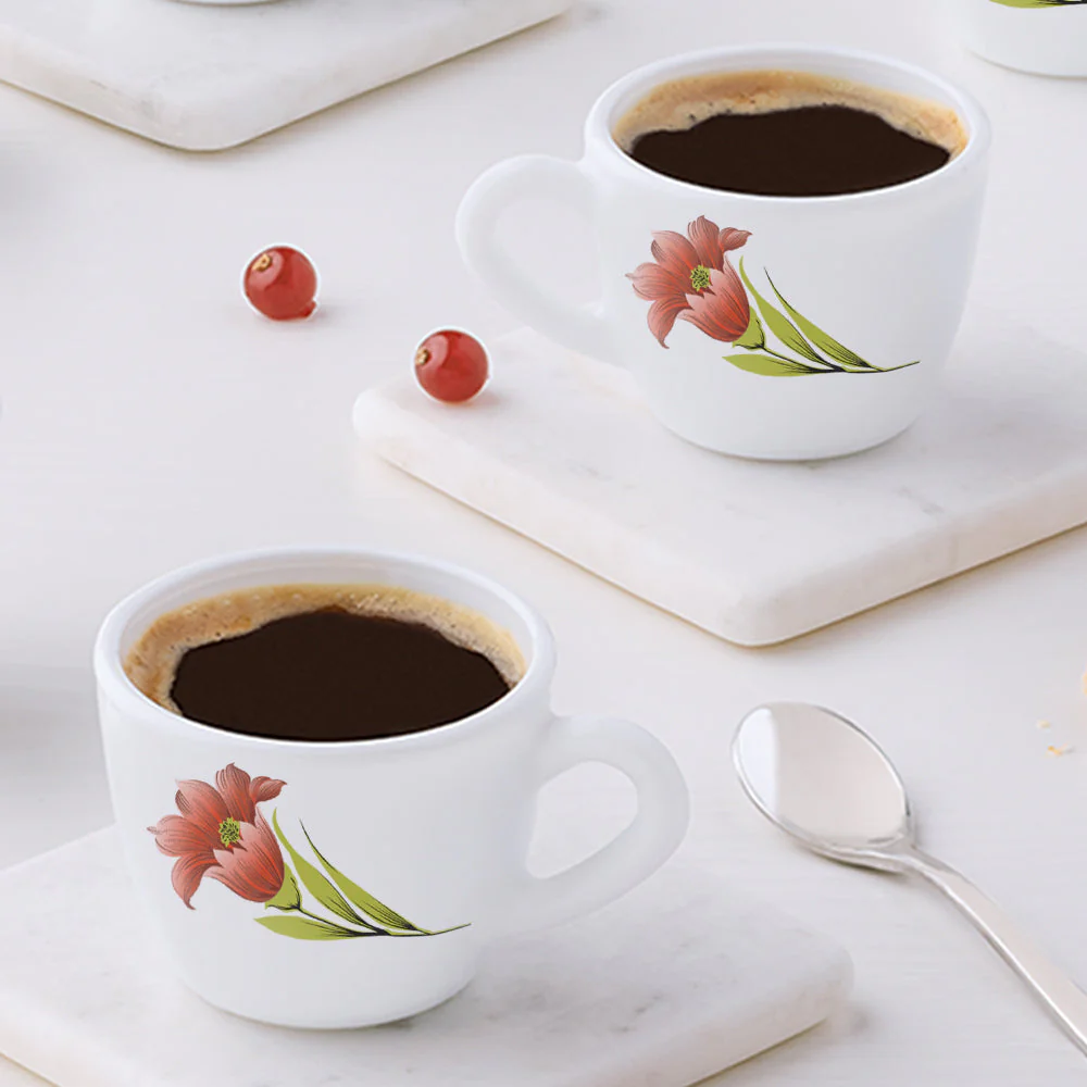 Larah by Borosil, Opalware, Micriwave Safe, Red Iris Cup Set of 6, 140ml