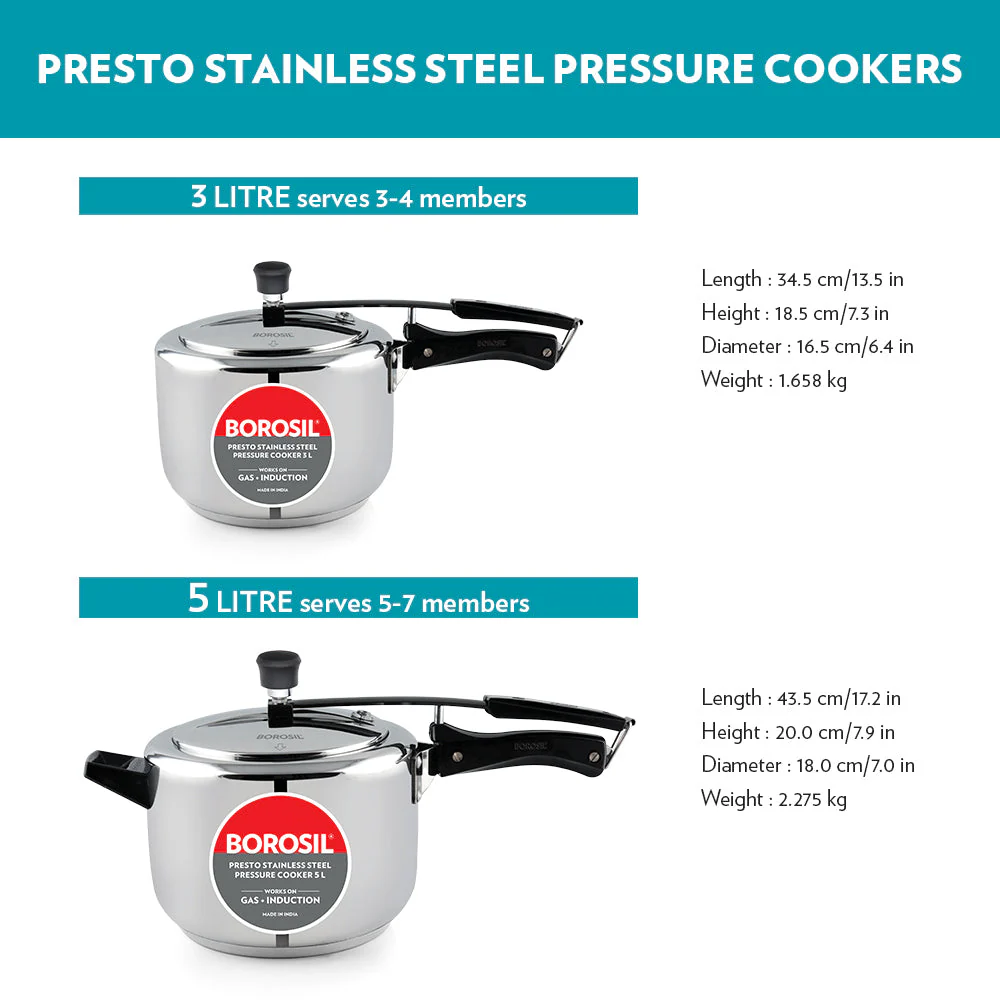 Borosil Presto SS Pressure Cooker, 5L