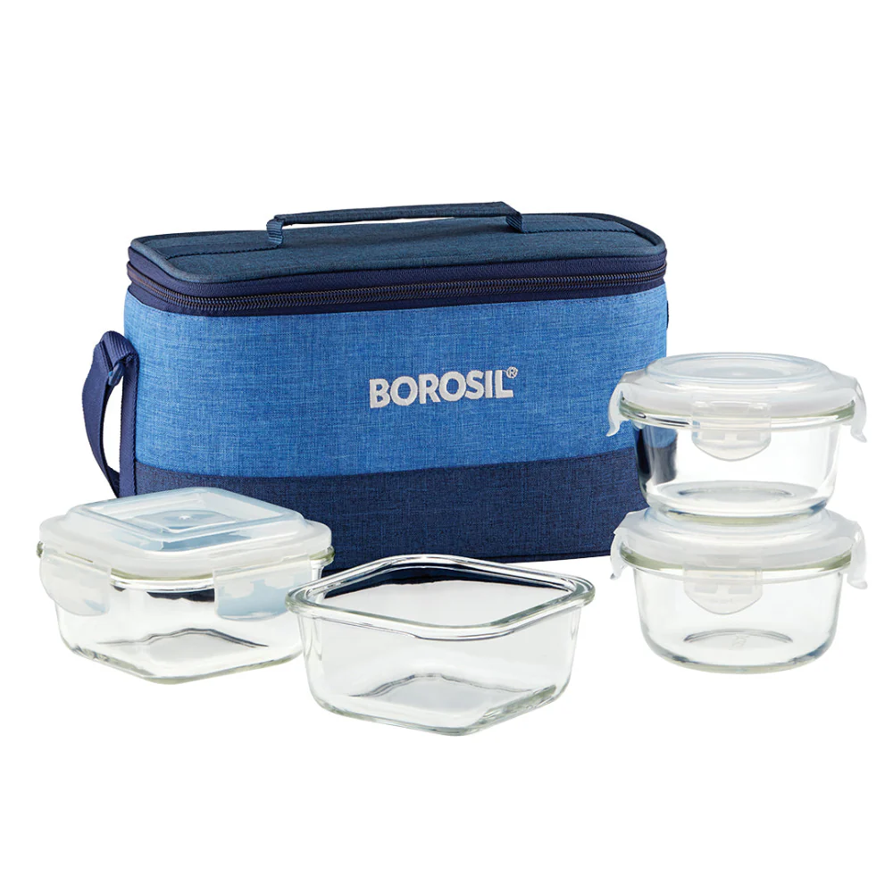 Borosil Prime Universal Glass Lunchbox, 320ml x 2 (+) 240ml x 2
