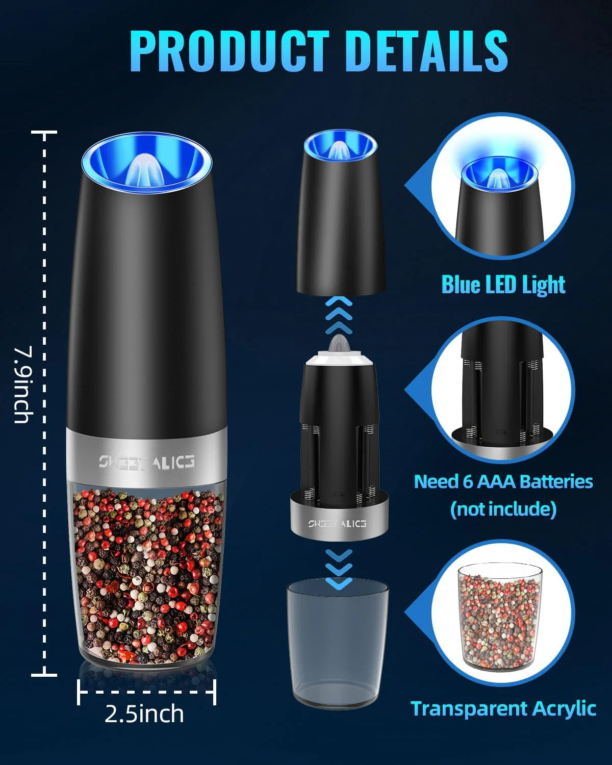 Electric Salt & Pepper Grinder Set, Adjustable Coarseness, LED, One-Hand Use, Stainless Steel 2-Pack