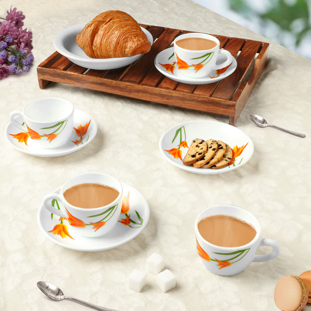 Larah by Borosil Firefly Cup n Saucer Set, 140ml x 8