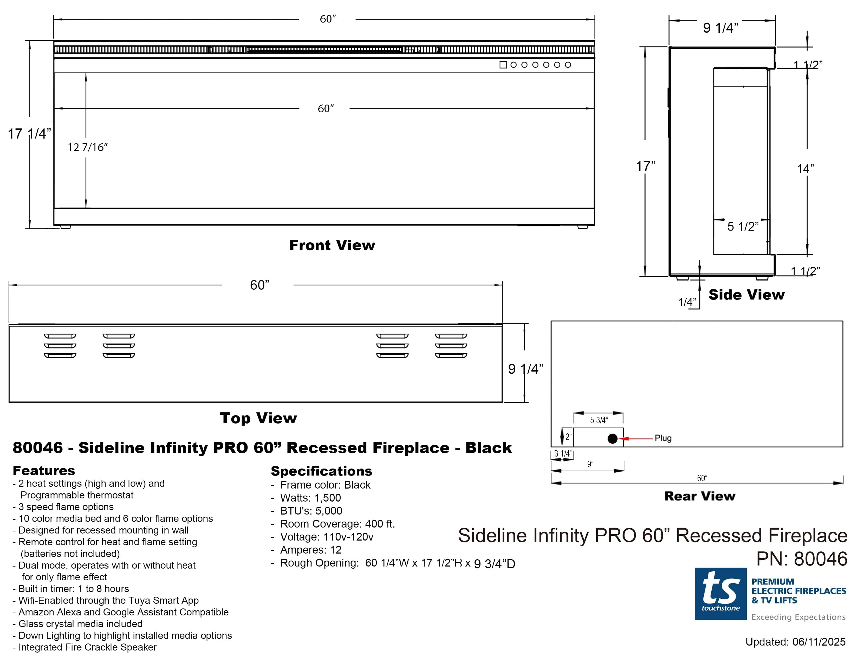 Sideline Infinity Pro 60 Inch 3 Sided Recessed Smart Electric Fireplace 80046