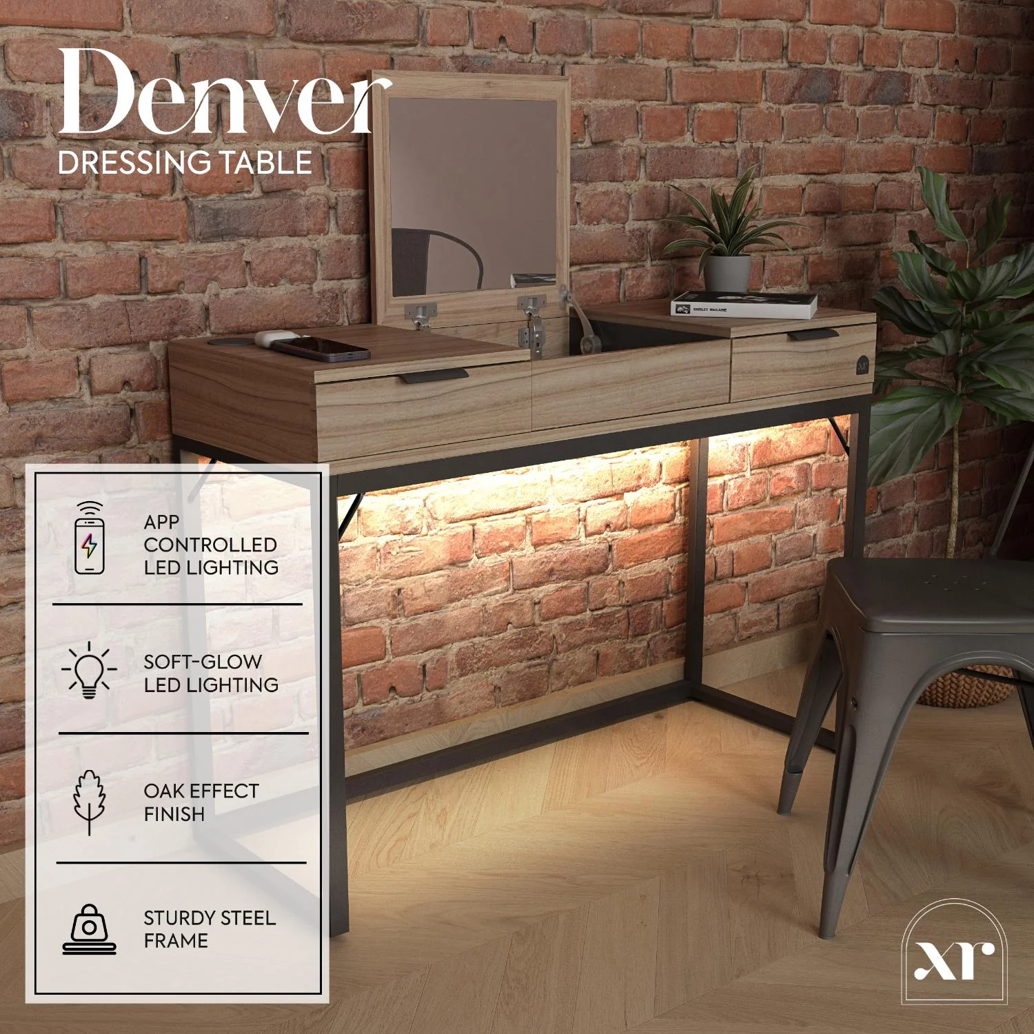 Denver Dressing Table With Mirror, Wireless Charging and App Controlled LED Lights - Oak / Black