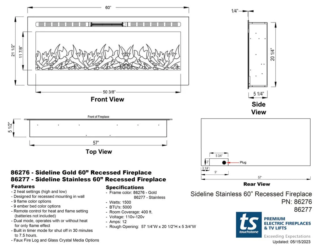 The Sideline Deluxe Stainless Steel 60 Inch Recessed Smart Electric Fireplace 86277