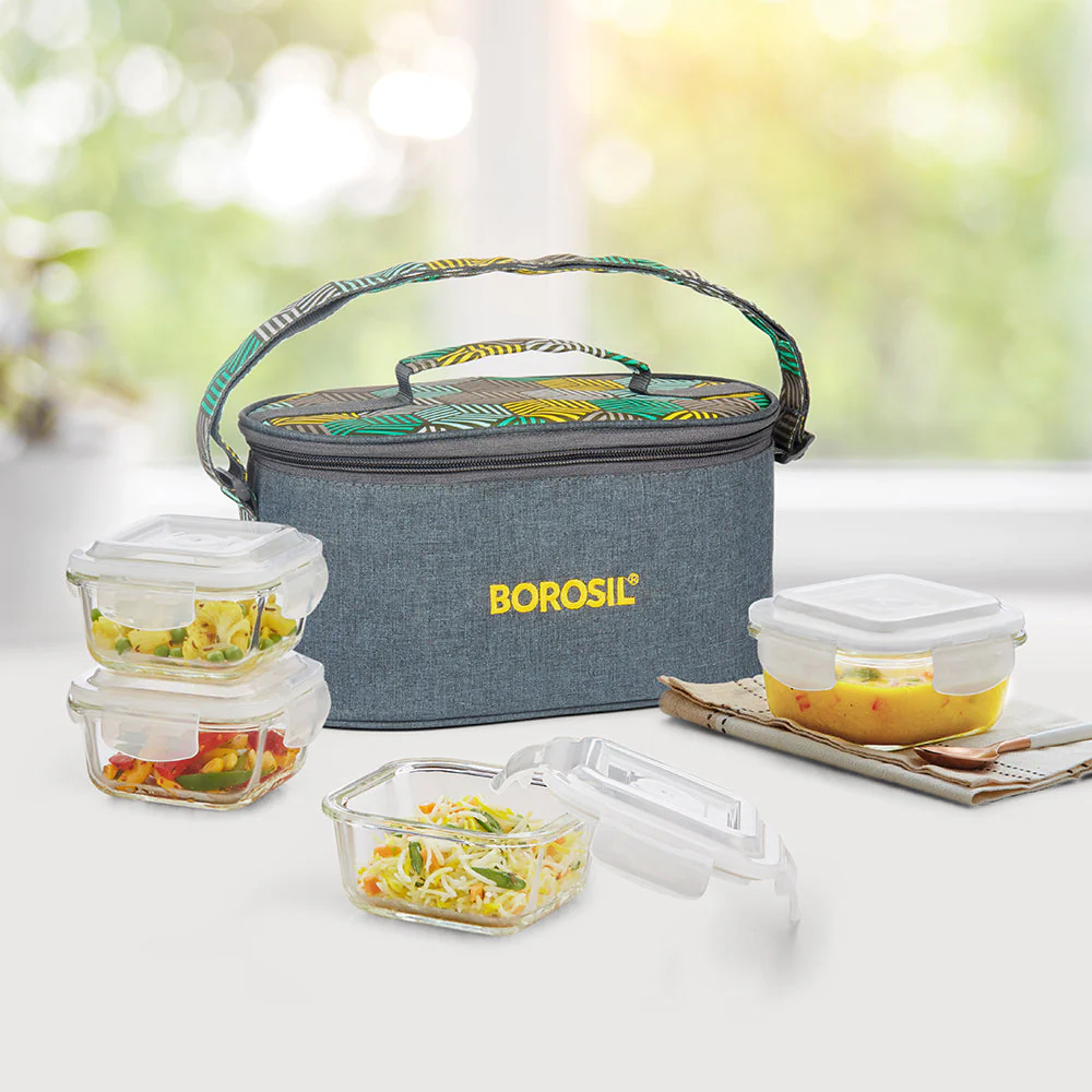 Foodluck Olive Glass Lunch Box, Square x 4, Set of 4, 320ml